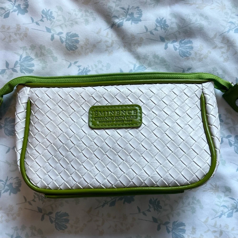 Dual Cosmetic Pouch Set - Pink Quilted Pouch & White Woven Pouch with Green Trim